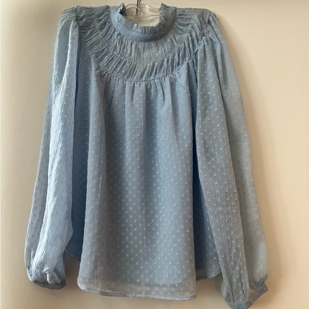 LOFT Blue Ruched Mandarin Collar Blouse